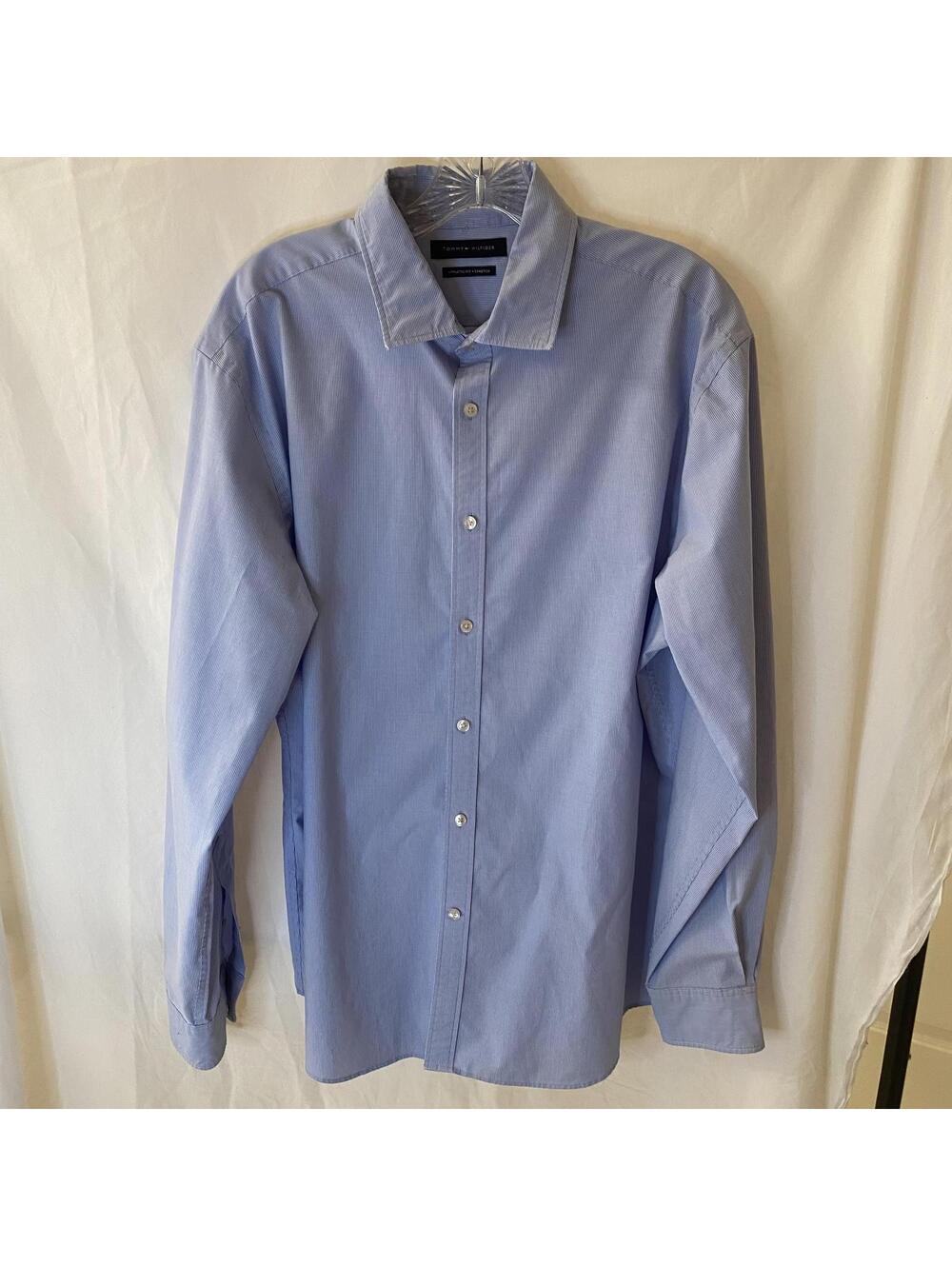 Tommy Hilfiger Mens Sz 17 Light Blue Pin Stripe Athletic Stretch Dress Shirt